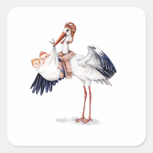 Sticker Carré Aviator Stork transportant des jumeaux (Devant)