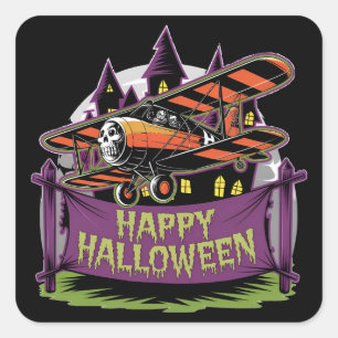 Sticker Carré Avion volant au-dessus de la bannière joyeuse hall