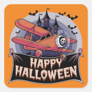 Sticker Carré Avion volant au-dessus de la bannière joyeuse hall