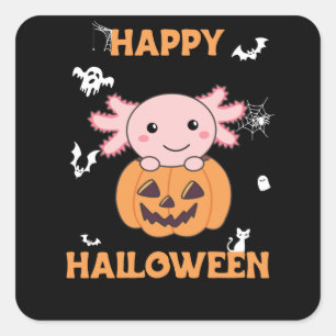 Sticker Carré Axolotl In Pumkin Sweet Axolotls Happy Halloween