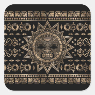 Sticker Carré Aztec Soleil Dieu Or et Noir