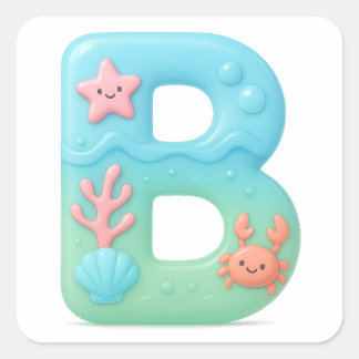 Sticker Carré "B" Cute Bubble Letter - Underwater Sea Creature A