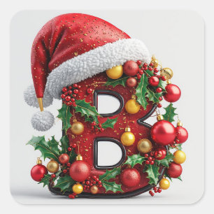 Sticker Carré B majuscule rouge de Noël décoré de manière festiv