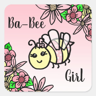 Sticker Carré Ba-Bee Girl Honey Bee et Baby shower de fleurs