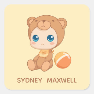 Sticker Carré Baby Boy Girl Bear Jumpsuit Nom personnalisé Jaune