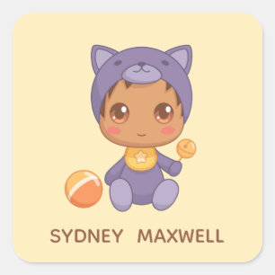 Sticker Carré Baby Boy Girl Purple Costume Chat Nom Personnalisé
