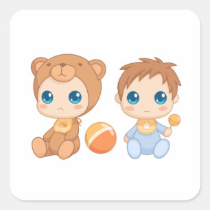 Sticker Carré Baby Boy Twins Bear Jumpsuit 2