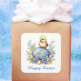 Sticker Carré Baby Chick Happy Easter Egg Blue Yellow Flowers