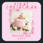 Sticker Carré Baby Girl First Christmas Soft Cadre floral rose<br><div class="desc">Deux 2 photo minimaliste Hello World nouveau-né Faire-part de naissance</div>