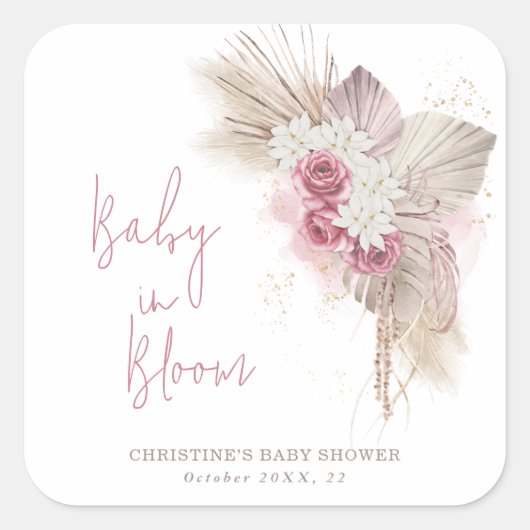 Sticker Carré Baby In Bloom Boho Baby shower Rose (Devant)
