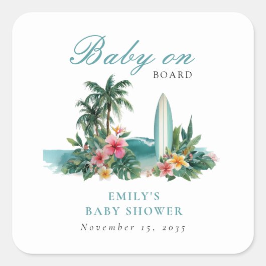 Sticker Carré Baby On Board Surf Beach Baby Shower (Devant)