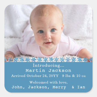 Sticker Carré Baby Photo Blue Boy Script Birth Name Announcement