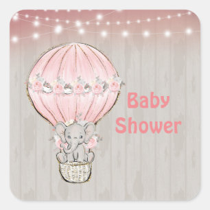 Sticker Carré Baby shower à air chaud rose mignon Elephant Sq