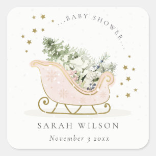Sticker Carré Baby shower à bascule bleu rose or d'hiver