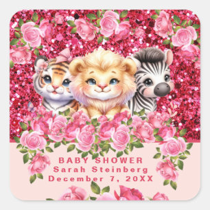 Sticker Carré Baby Shower Animaux Sauvages Fille Paillettes Rose