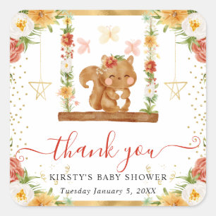 Sticker Carré Baby Shower aquarelle écureuil de la forêt