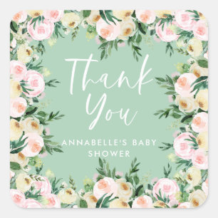 Sticker Carré Baby shower aquarelle girly floral merci