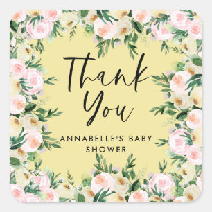 Sticker Carré Baby shower aquarelle jaune floral merci