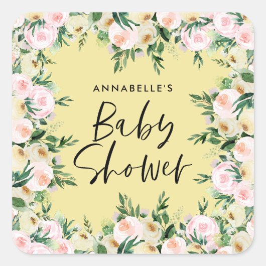 Sticker Carré Baby shower aquarelle jaune girly script floral (Devant)