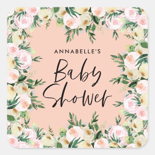 Sticker Carré Baby shower aquarelle pêche girly script floral (Devant)