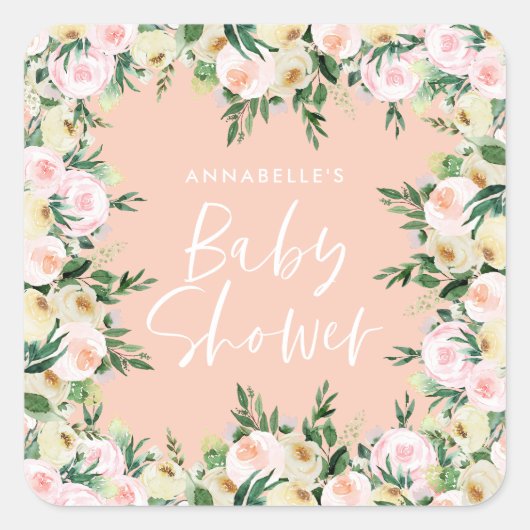 Sticker Carré Baby shower aquarelle pêche girly script floral (Devant)
