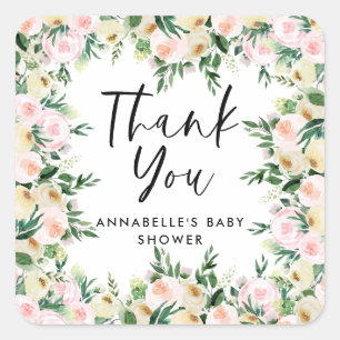 Sticker Carré Baby shower aquarelle rose girly floral merci