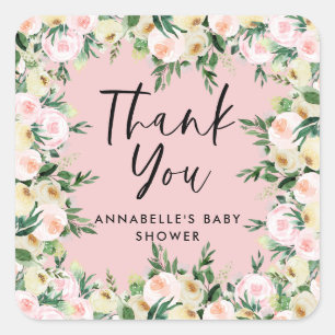 Sticker Carré Baby shower aquarelle rose girolle floral merci