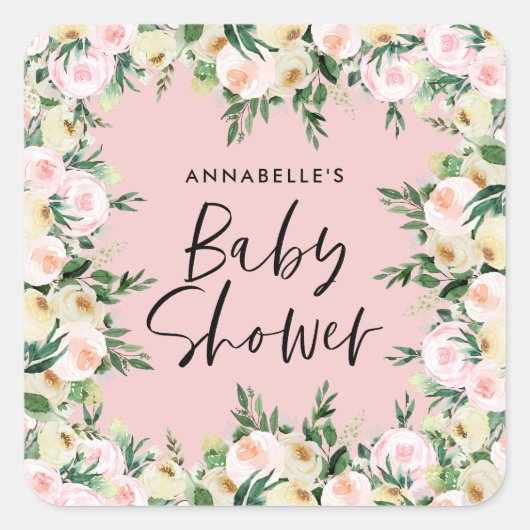 Sticker Carré Baby shower aquarelle vert girly script floral (Devant)