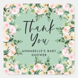 Sticker Carré Baby shower aquarelle vert rose floral merci
