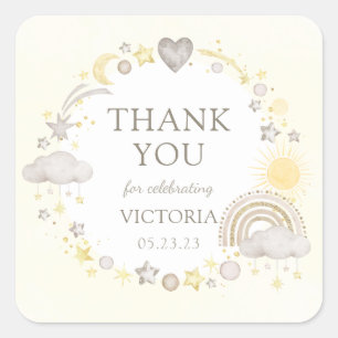 Sticker Carré Baby Shower Arc-en-Ciel Aquarelle Bohème