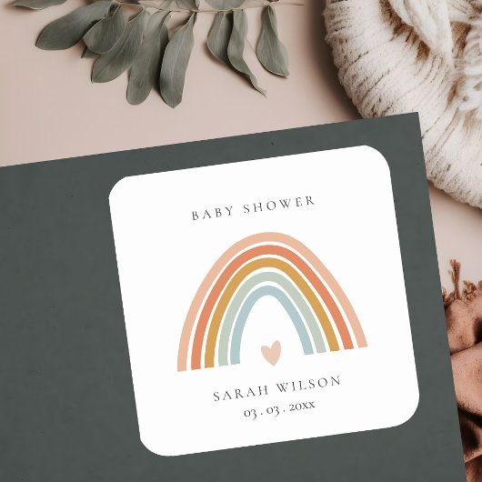 Sticker Carré Baby shower Arc-en-ciel bleu-bleu-blanc élégant