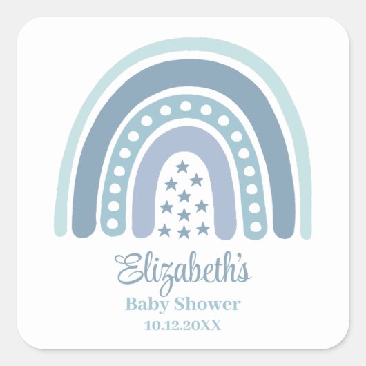 Sticker Carré Baby shower arc-en-ciel bleu Boho (Devant)