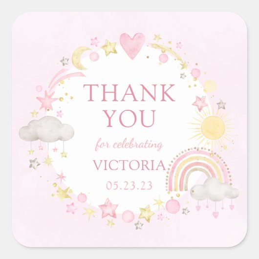 Sticker Carré Baby shower arc-en-ciel de la fille aquarelle (Devant)