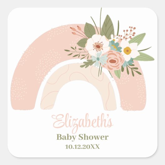 Sticker Carré Baby shower arc-en-ciel rose (Devant)