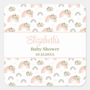 Sticker Carré Baby shower arc-en-ciel rose