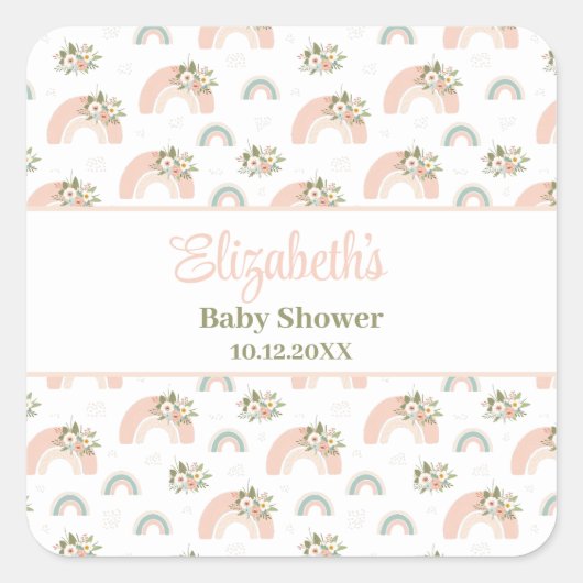 Sticker Carré Baby shower arc-en-ciel rose (Devant)