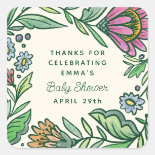 Sticker Carré Baby-Shower Artistique Scandinave Floral