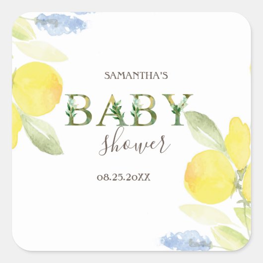 Sticker Carré Baby shower aux citrons aquarelles (Devant)