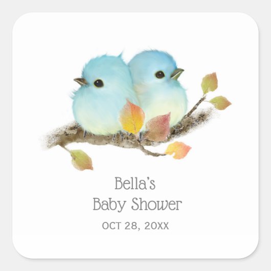 Sticker Carré Baby shower aux oiseaux bleus mignons (Devant)