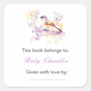 Sticker Carré Baby shower aux oiseaux mignons de printemps