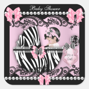 Sticker Carré Baby shower Bébé mignonne Fille rose Zèbre dentell