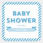 Sticker Carré Baby shower bleu à rayures modernes (Devant)