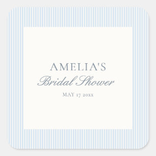 Sticker Carré Baby Shower Bleu Blanc Rayé Classique Élégant