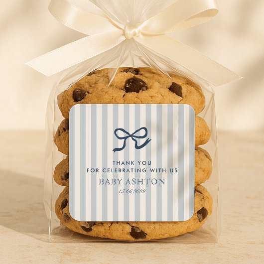 Sticker Carré Baby shower Bleu Bow & Stripes