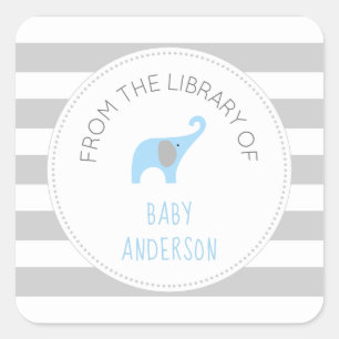 Sticker Carré Baby shower bleu éléphant LIVRE, livre pour garçon