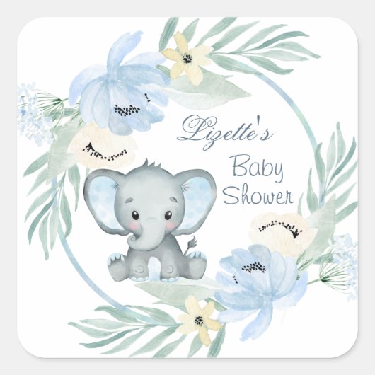 Sticker Carré Baby shower bleu floral Eléphant (Devant)