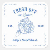 Sticker Carré Baby Shower Bleu Fraîchement Sur Le Marché (Devant)