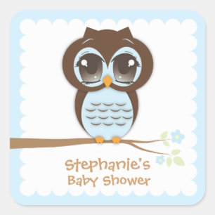 Sticker Carré Baby shower bleu mignon de hibou pour un garçon