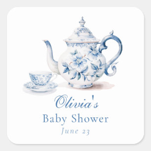 Sticker Carré Baby shower Blue Floral Tea Party