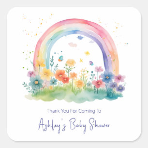 Sticker Carré Baby Shower Bohème Fleur de Fleur Arc-en-Ciel